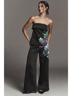 Anthropologie Floral Trousers Pants High Rise Women's Size XL Black